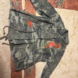 Camo Utility Jacket with Red Floral Embroidery - Olive Green